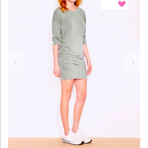 SUNDRY Dress Green Side Shirred Mini Dress Moss Army Three Quarter Sleeve Cotton - Picture 6 of 9